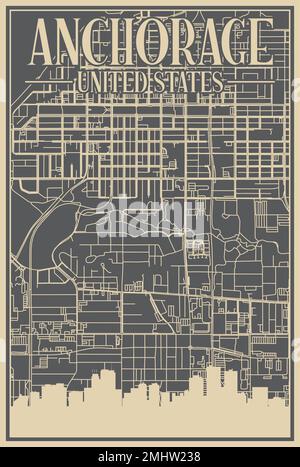 Road network poster of the downtown ANCHORAGE, UNITED STATES OF AMERICA Stock Vector