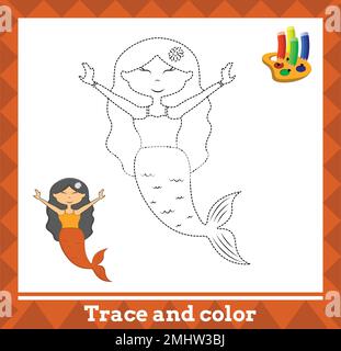 Trace and color for kids, mermaid vector illustration. Stock Vector