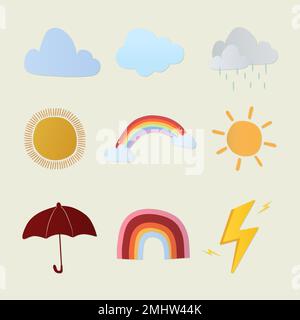 Cute weather sticker, colorful clipart vector set Stock Vector