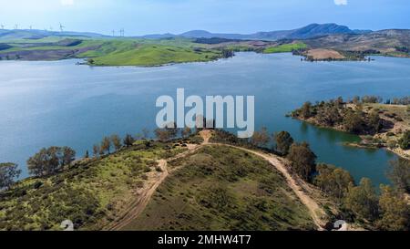 Embalse del Conde de Guadalhorce reservoir, manmade lake in a nature park with panoramic mountains & forest. Malaga province, Andalusia, Spain. Stock Photo