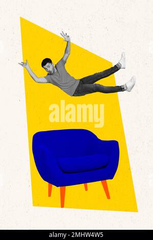 Vertical collage image of impressed black white colors guy flying falling armchair isolated on drawing color background Stock Photo