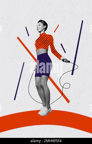 Creative magazine poster collage of sportive lady training jumping rope concept sports store sale advertising Stock Photo