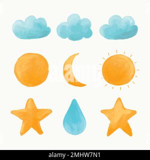 Watercolor cloud, sun, moon, star vector set Stock Vector