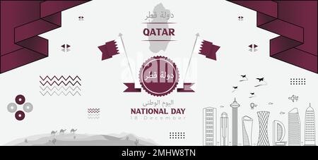 Kingdom of qatar modern style banner with national day, famous buildings, geometric map, deserts and traditional style concept vector illustration. Stock Vector