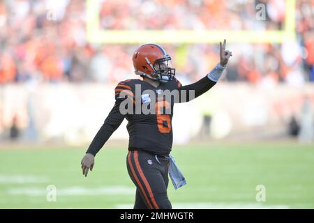 Cleveland Browns quarterback Baker Mayfield (6) reacts during an NFL  football game against the Seattle Seahawks, Sunday, Oct. 13, 2019, in  Cleveland. The Seahawks won 32-28. (AP Photo/David Richard Stock Photo -  Alamy