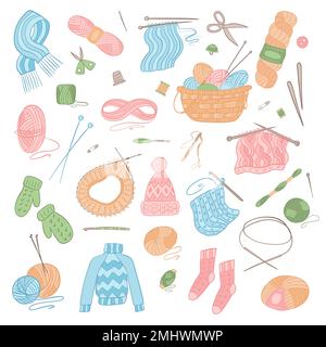 Set vector illustration. Knitting tools, yarn, wools, knitting needles. Stock Vector