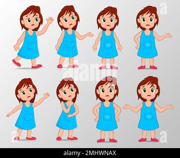 Cute girl with sad gesture expression set vector illustration Stock Vector