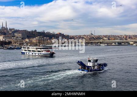 Istanbul, Turkey January 22, 2023 Bosphorus crossing view from the Galata Bridge on the coast of Istanbul. The concept of tourism and travel. Stock Photo