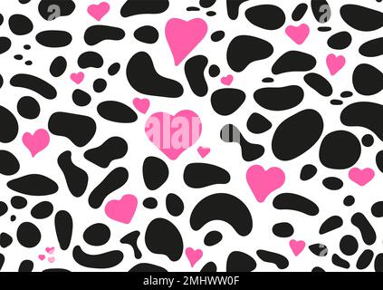 Dalmatian spot with pink heart seamless pattern, animal print skin texture. Stock Vector