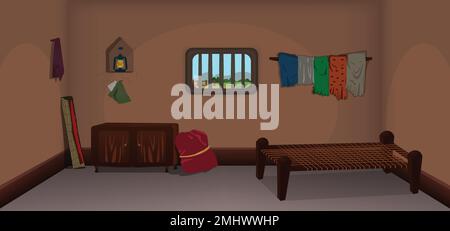 Village room inside cartoon background vector, poor room interior illustration. Stock Vector