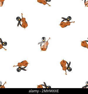 Penguin play contrabass pattern seamless vector Stock Vector