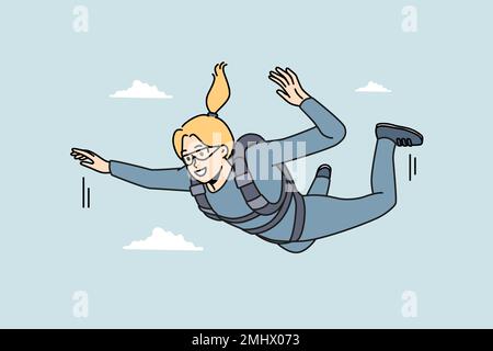 Overjoyed young woman in uniform flying in sky jumping with parachute. Smiling girl engaged in extreme activity. Sport and hobby. Vector illustration.  Stock Vector