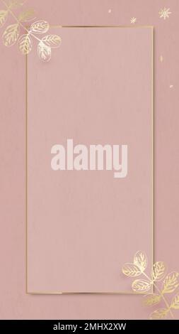 Gold leaves pattern with gold frame on pink mobile phone wallpaper vector Stock Vector