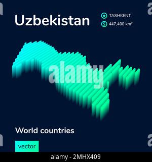 Stylized neon simple isometric striped vector Uzbekistan 3D map in green, turquoise mint colors Stock Vector