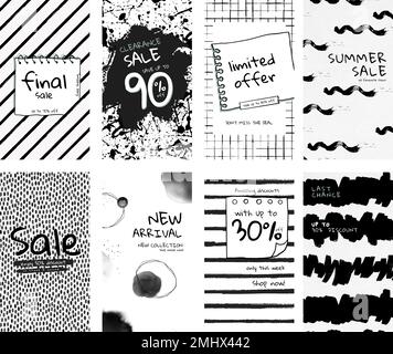 Editable social media story template vector set with ink brush patterns for promotion and new arrival Stock Vector