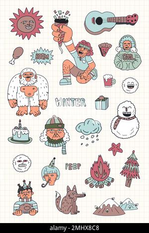 Hand drawn winter character stickers collection vector Stock Vector