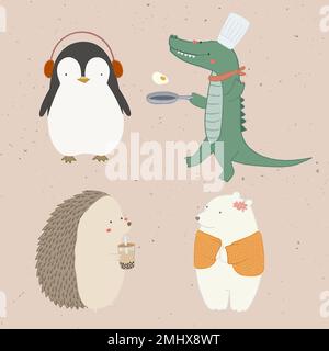 Cute animal doodle elements collection vector Stock Vector