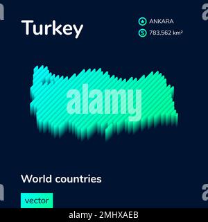 Stylized neon simple digital isometric striped vector Turkey 3D map in green, turquoise colors Stock Vector