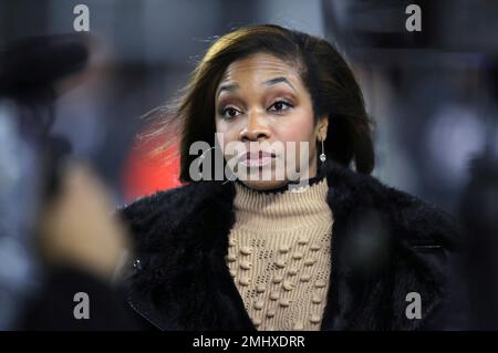 Fox Sports television sideline broadcast reporter Kristina Pink works on  the sideline before an NFL football game between the New England Patriots  and the New York Giants, Thursday, Oct. 10, 2019, in