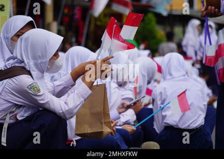 Indonesian Junior High School students celebrate grebeg pancasila Stock Photo