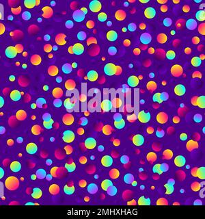 Colorful gradient balls on purple background. Abstract geometric background with different circles. Bright neon colors, 90s style. Vector illustration Stock Vector