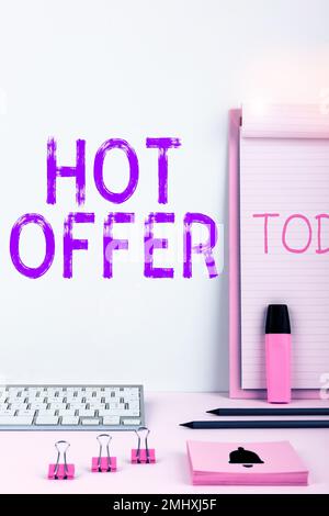 Text caption presenting Hot Offer. Business concept product or programme that is offered at reduced prices or rates Stock Photo