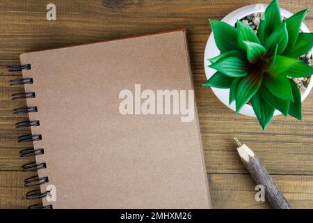 Notepad on a wooden background, next to a ballpoint pen and a flower in a pot. Blank notepad. Copy space Stock Photo