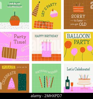 Doodle birthday party template vector cute social media post set Stock Vector