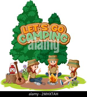 Camping kids and text design for word let's go camping illustration Stock Vector