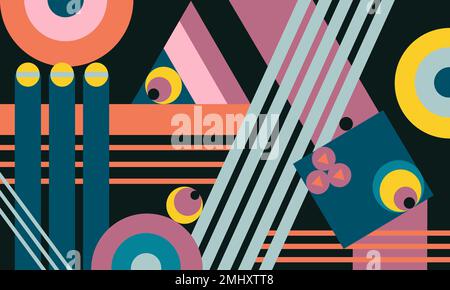 Punchy bright abstract vector geometric background. Collage of colored circles, rectangles, triangles and lines. High saturated chaotic pattern, backd Stock Vector