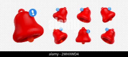 3d render notification bells, red unread message on phone or computer application. Alert notice, spam, chat box, online conversation isolated angle ic Stock Vector