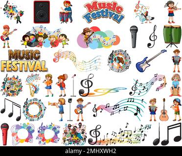 Kids musical instruments and music symbols set illustration Stock Vector