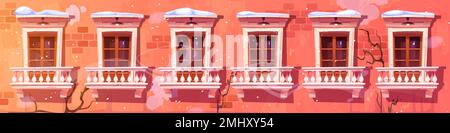Old apartment house facade at winter, white classic window frames, cracks and damages on red brick wall, vintage outdoor lamps. Urban architecture sno Stock Vector