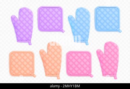 Kitchen mittens and potholders, fabric holders for cooking. Template of textile oven mitts and gloves in pastel colors, vector realistic illustration Stock Vector