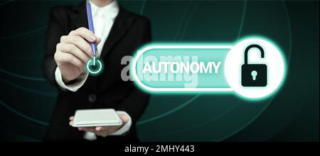 Hand writing sign Autonomy. Business overview vehicle that can guide itself without human conduction Stock Photo