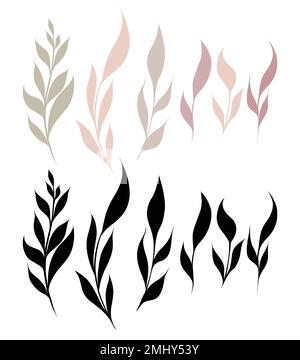 Vector rustic set of branches with leaves. Twig with foliage silhouettes in pastel and black colors isolated from the background. Natural element Stock Vector