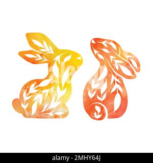 Vector set of decorated rabbits in various poses with yellow watercolor background. Hares with folk art and paint stains isolated from background. Stock Vector