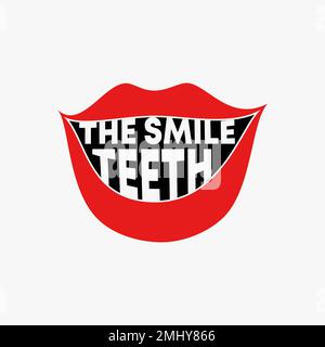 Simple and unique letter or word THE SMILE TEETH font with mouth lips and tooth graphic icon logo design abstract concept vector stock kiss or dental Stock Vector