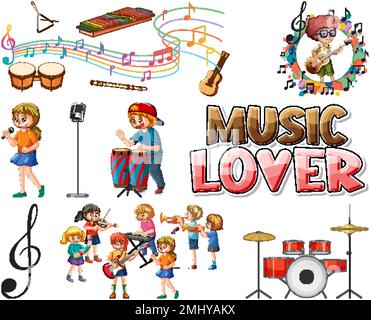 Kids musical instruments and music symbols set illustration Stock Vector