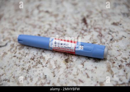 Carmel, USA. 26th Jan, 2023. A photo illustration of an Ozempic pen seen sitting on a