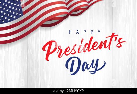 Happy President's Day lettering with flag USA on wooden plank. President Day poster, Honoring all presidents. Vector web banner with text and flag Stock Vector