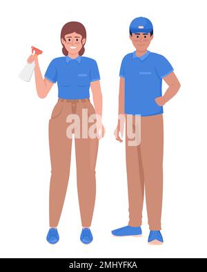 Cleaning and janitorial services staff semi flat color vector characters Stock Vector