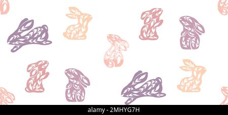 Vector seamless pattern with sparse decorated rabbits. Texture with hares with folk art in pastel colors on white background. Backdrop with ornamental Stock Vector