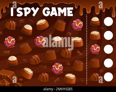 I spy game. Chocolate praline and fudge candy. Souffle and coconut, truffle and jelly, hazelnut and cocoa bonbon. Object counting puzzle vector worksheet, calculation kids quiz with chocolate candies Stock Vector