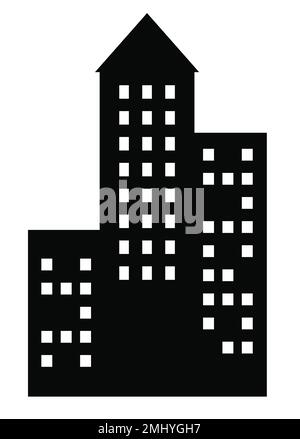 This set of illustrations features a black skyscraper and low-rise building, both silhouetted against the backdrop of city buildings Stock Vector