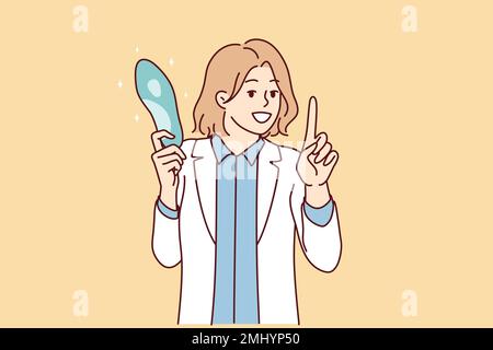 Female doctor in white coat holding blue object giving recommendation to patient on use of medical devices. Caring girl hospital employee shares life hacks for treating illness. Flat vector image  Stock Vector