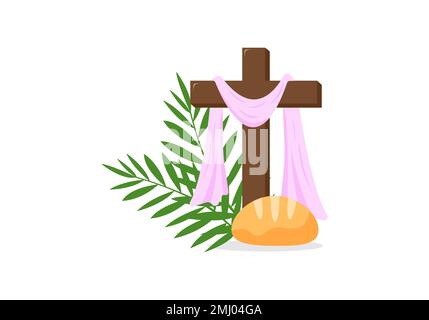 Christian greeting card or banner of the Holy Week before Easter. Maundy Thursday, Good Friday, Holy Saturday. Bread, cross of Jesus Christ, palm branches. Vector illustration Stock Vector