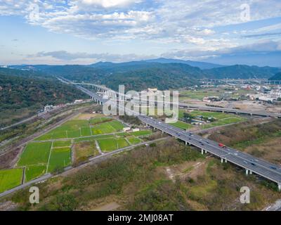 Aerial view of the farm landscape near Huoyan Shan at Taiwan Stock Photo