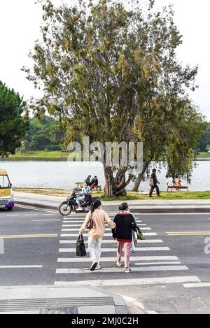 Da Lat, Vietnam - 2 November 2022:  Vietnamese way to cross a pedestrian crossing between motorbikes Stock Photo