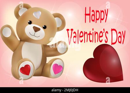 Teddy bear and a big heart on a pink background with the inscription Happy Valentine's Day. Vector image. Stock Vector